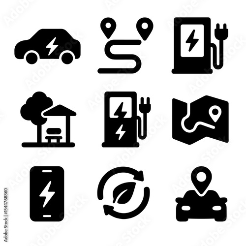 EV Travel Icons. Solid, filled icons set of EV travel and charging: electric car, travel route, EV charger icon, rest stop, 
