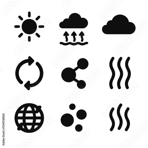 Evaporation Cycle Icons. Solid, filled icons set of water cycle evaporation stage: sun icon, lake surface,