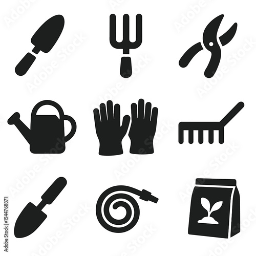 Essential Gardening Tools. Solid, filled icons set of essential gardening tools: hand trowel, garden fork,