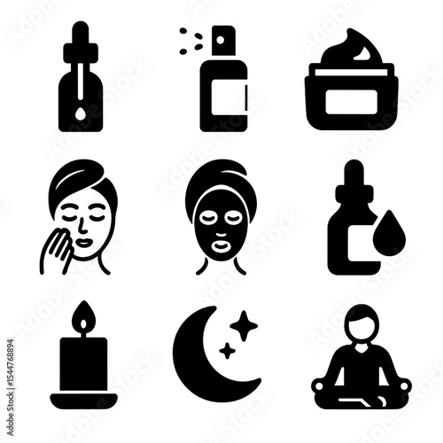 Evening Skincare Icons. Solid, filled icons set of evening skincare routine: nighttime serum, calming mist,