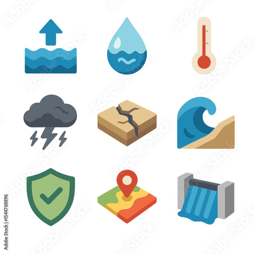 Climate Impact Icons. Isometric Flat icon set of climate change impacts: sea level rise arrow, salinity intrusion droplet,