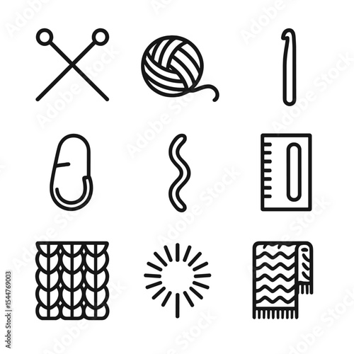Knitting Icon Set. Outline icon set of knitting and crochet: knitting needles, yarn ball, crochet hook, knitted scarf, stitch