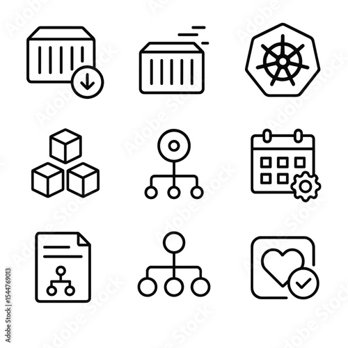 Kubernetes Icon Set. Outline icon set of container orchestration: container image, running container, Kubernetes logo, pod group,