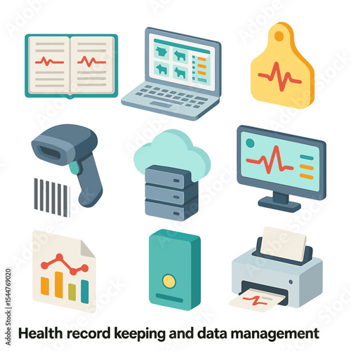 Health Data Icon Set. Isometric Flat icon set of health record keeping and data management: record ledger, laptop with herd