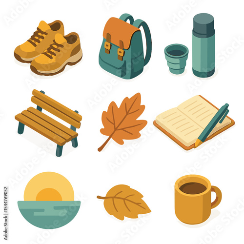 Outdoor Leisure Icons. Isometric Flat icon set of contemplative walk and tea pause: walking shoes, backpack, thermos flask,