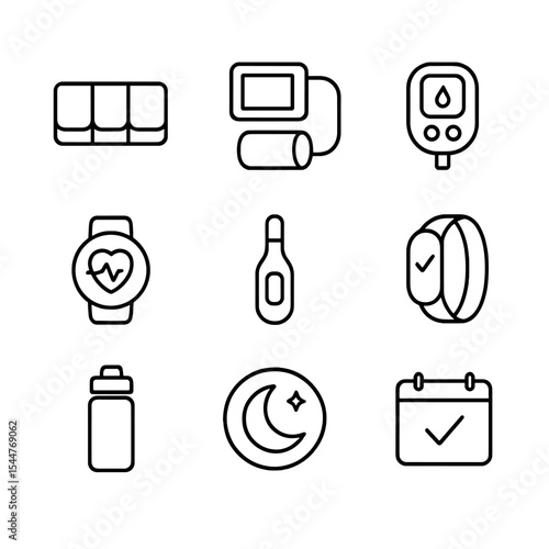 Health Monitoring Icons. Outline icon set of daily health monitoring: pill organizer, blood pressure cuff, glucose meter, heart