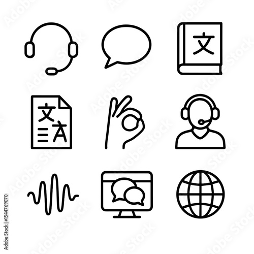 Language Services Icons. Outline icon set of language interpretation services: microphone headset, speech bubble, bilingual