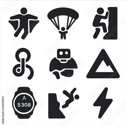 Extreme Sports Icons. Solid, filled icons set of extreme mountain sports: base jumper, paragliding chute, rock