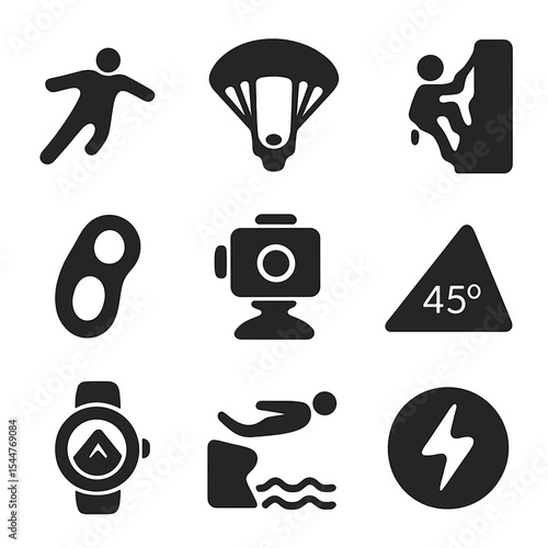 Extreme Sports Icons. Solid, filled icons set of extreme mountain sports: base jumper, paragliding chute, rock