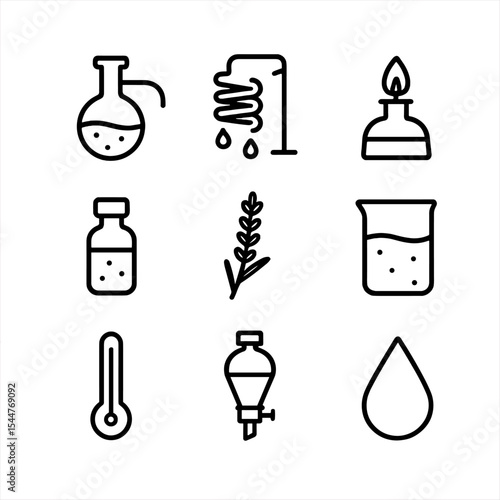 Lavender Oil Icon Set. Outline icon set of lavender essential oil production: distillation flask, condenser coil, burner,