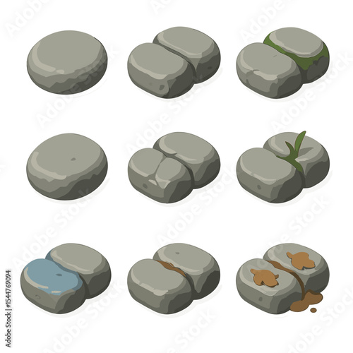 Cobblestone Icon Grid. Isometric Flat icon set of cobblestone pavement: rounded cobble, grout line, moss in joint, wear polish,