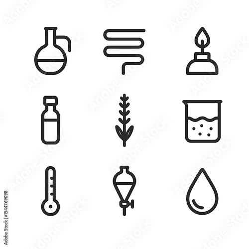 Lavender Oil Icon Set. Outline icon set of lavender essential oil production: distillation flask, condenser coil, burner,