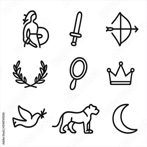 Legendary Heroine Icons. Outline icon set of legendary female heroes: shield maiden silhouette, sword, bow and arrow, laurel