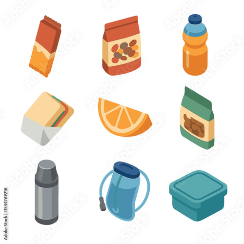 Hiking Snacks Icon Set. Isometric Flat icon set of day hike snacks and hydration: energy bar, trail mix pouch, electrolyte drink,