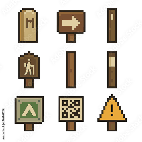 Hiking Trail Icon Set. Pixel art icon set of hiking trail markers: milepost, directional arrow, kilometer marker, trailhead sign,