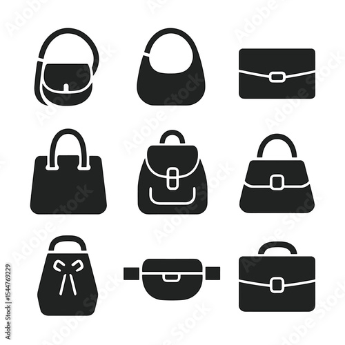 Fall Handbag Icons. Solid, filled icons set of fall handbags and purses: crossbody bag, hobo bag, clutch,