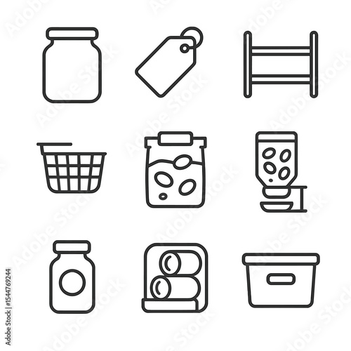 Pantry Organization Icons. Outline icon set of pantry organization: glass jar, label tag, tiered shelf, sliding basket, clip seal
