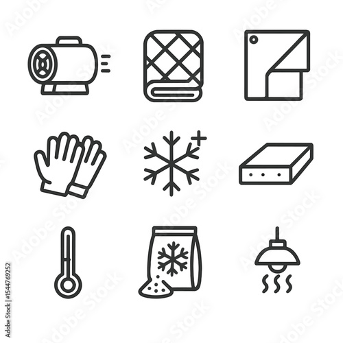 Cold Weather Curing Icons. Outline icon set of curing in cold weather: heater blower, insulated blanket, tarpaulin, frost symbol,
