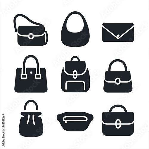 Fall Handbag Icons. Solid, filled icons set of fall handbags and purses: crossbody bag, hobo bag, clutch,