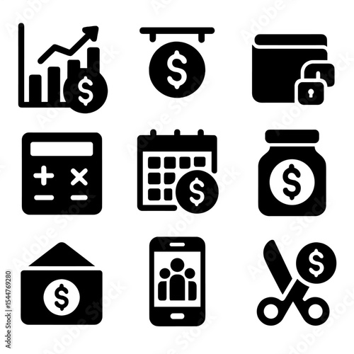 Family Budget Icons. Solid, filled icons set of setting limits on family spending: budget chart, spending cap