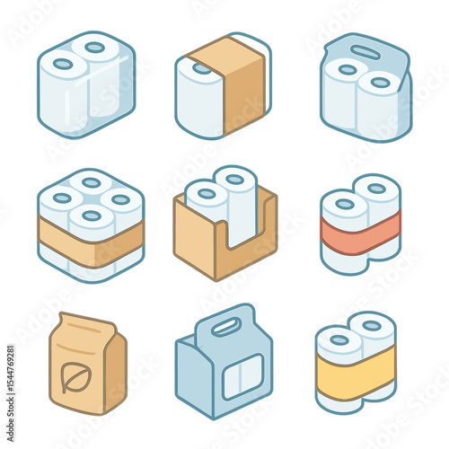 Paper Towel Packaging Icons. Isometric Flat icon set of paper towel packaging designs: plastic wrap, cardboard sleeve, refill pack