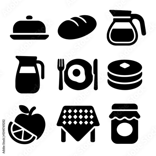 Family Breakfast Icons. Solid, filled icons set of family breakfast table: butter dish, bread loaf, coffee pot