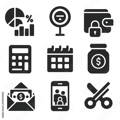 Family Budget Icons. Solid, filled icons set of setting limits on family spending: budget chart, spending cap