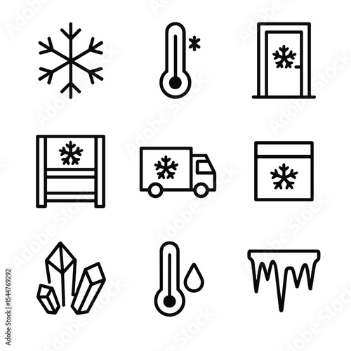 Cold Storage Icons. Outline icon set of cold storage management: snowflake symbol, thermometer, insulated door, cold room rack,