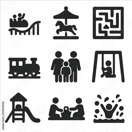 Family Fun Icons. Solid, filled icons set of family-friendly attractions: kid coaster, mini carousel, fun maze