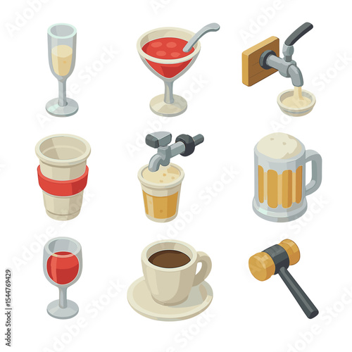 Party Drink Icons. Isometric Flat icon set of cups in parties and events: champagne plastic flute, cocktail cup, punch bowl ladle,