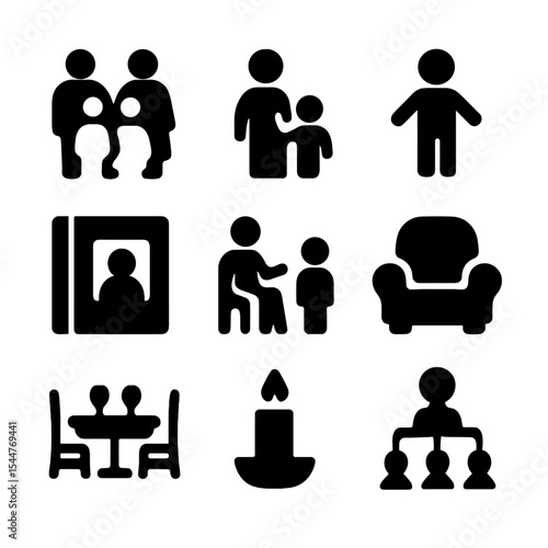 Family Heritage Icons. Solid, filled icons set of celebrating family history: family icon, parent icon, child