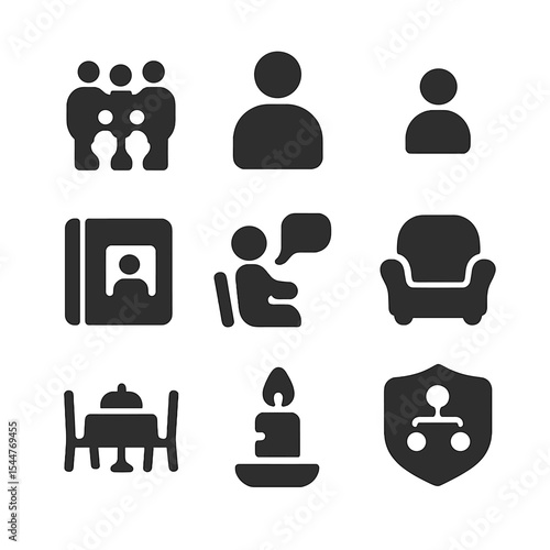 Family Heritage Icons. Solid, filled icons set of celebrating family history: family icon, parent icon, child