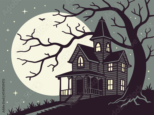 Haunted house silhouette at night with full moon spooky halloween vector illustration