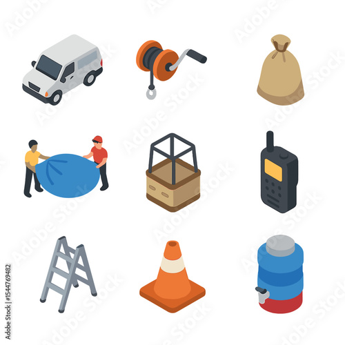 Hot Air Balloon Crew. Isometric Flat icon set of hot air balloon ground crew operations: chase vehicle, winch, ballast sandbag,