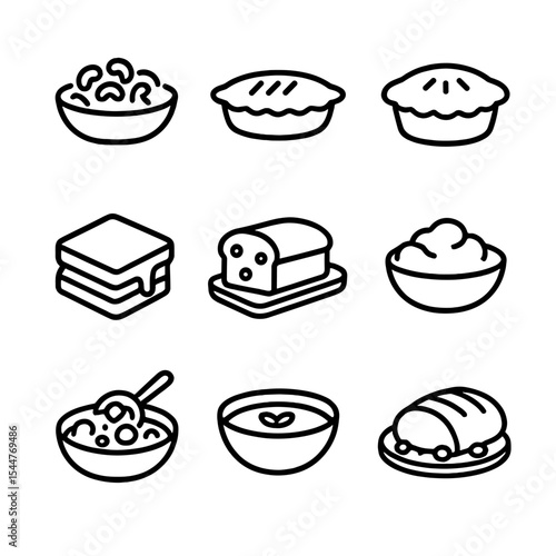 Comfort Food Icons. Outline icon set of comfort foods: macaroni and cheese, shepherd’s pie, chicken pot pie, grilled cheese,