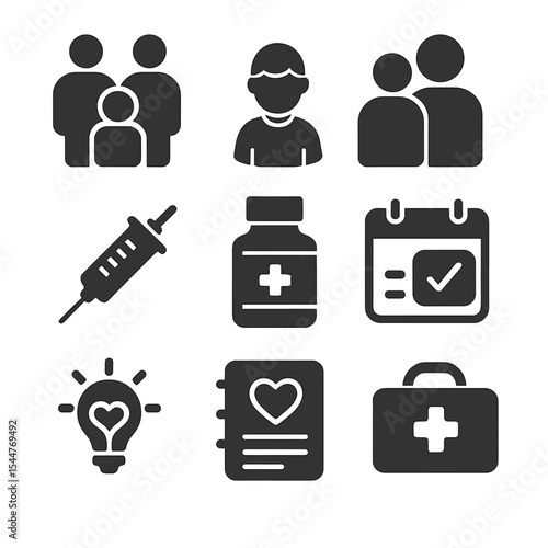 Family Medicine Icons. Solid, filled icons set of family medicine practice: family icon, child patient, senior