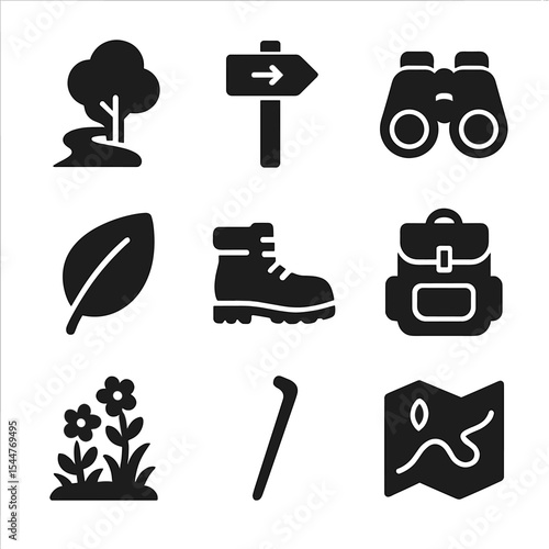 Family Nature Icons. Solid, filled icons set of family nature walks and hikes: tree path, trail marker,
