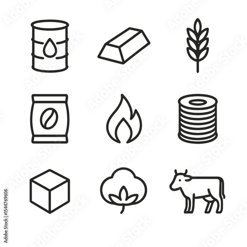 Commodities Trading Icons. Outline icon set of commodities trading: crude oil barrel, gold ingot, wheat bundle, coffee bean sack,