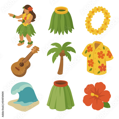Hula Dance Icon Set. Isometric Flat icon set of hula dance troupe: hula dancer, grass skirt, lei garland, ukulele, palm tree,