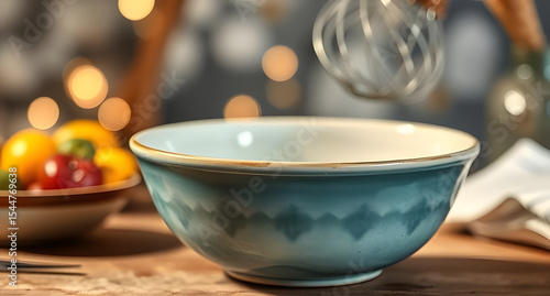 A scene of ceramic mixing bowl with bokeh highlights, illustrated in artisan tones, illustrated in watercolor style
