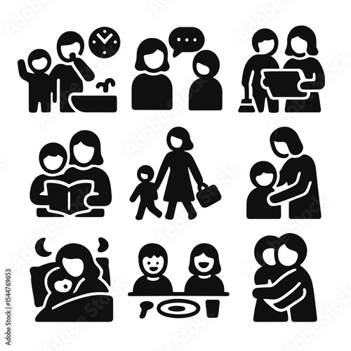 Family Routine Icons. Solid, filled icons set of everyday family routines: morning routine, after-school chat, 