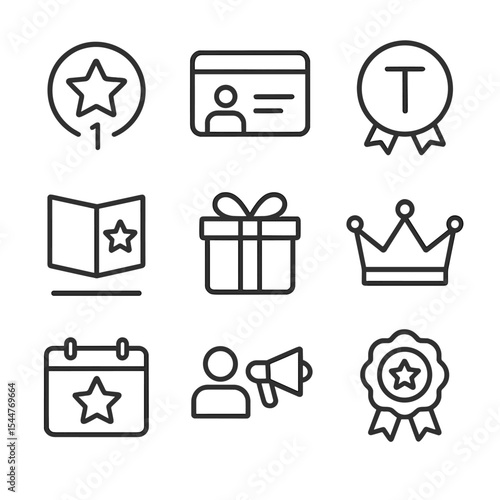 Loyalty Rewards Icons. Outline icon set of loyalty rewards: points star, membership card, tier badge, reward catalog, redemption