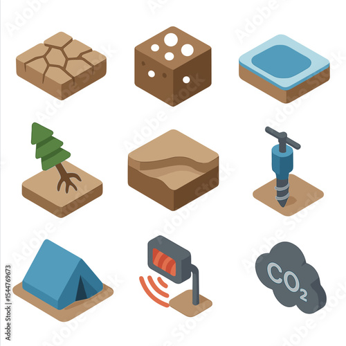 Permafrost Thaw Icons. Isometric Flat icon set of permafrost thaw effects: cracked ground, methane bubble, thaw pond, uprooted