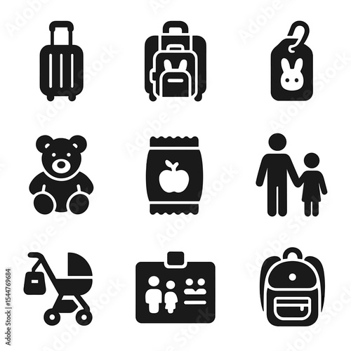 Family Travel Icons. Solid, filled icons set of kids and family travel bags: mini suitcase, cartoon luggage,