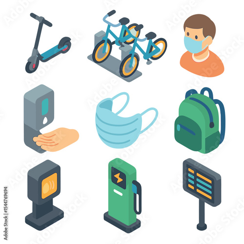 Hybrid Commuting Icons. Isometric Flat icon set of hybrid commuting: electric scooter, bike share dock, masked commuter, sanitizer