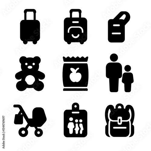 Family Travel Icons. Solid, filled icons set of kids and family travel bags: mini suitcase, cartoon luggage,