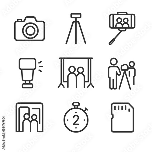 Photography Icon Set. Outline icon set of group photo sessions: DSLR camera, tripod, selfie stick, flash unit, backdrop curtain,