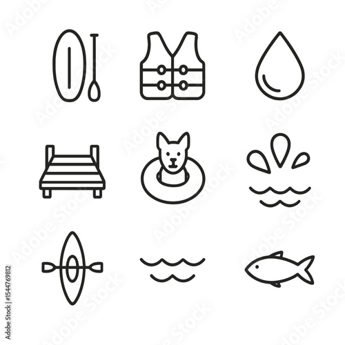Pet Water Activity Icons. Outline icon set of pet water activities: paddleboard, life jacket, water droplet, dock, floating toy,