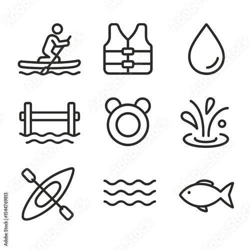 Pet Water Activity Icons. Outline icon set of pet water activities: paddleboard, life jacket, water droplet, dock, floating toy,