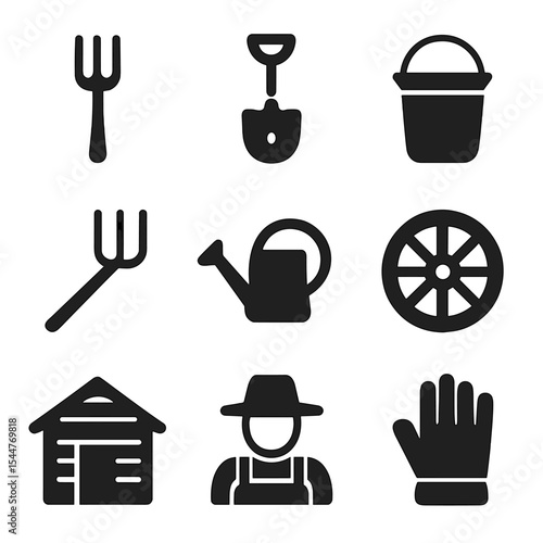Farm Tools Icons. Solid, filled icons set of farm tools and work essentials: pitchfork icon, spade, farm